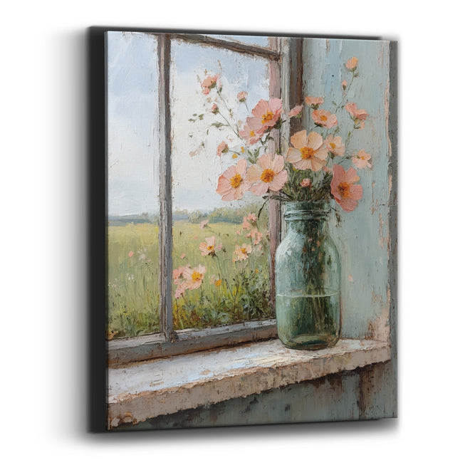Peach Meadow Flowers Windowsill Rustic Canvas Wall Art