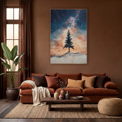 Lone Evergreen Starry Night Boho wall art in a warm boho-style room – lone dark evergreen on a pale hill
