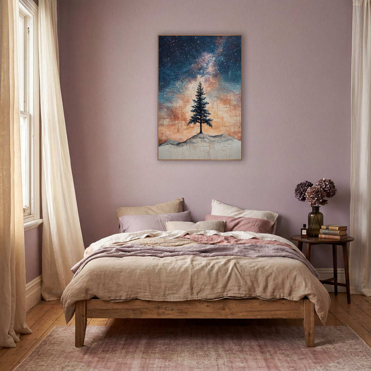 Lone Evergreen Starry Night Boho wall art in a warm boho-style room – lone dark evergreen on a pale hill
