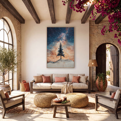 Lone Evergreen Starry Night Boho wall art in a warm boho-style room – lone dark evergreen on a pale hill
