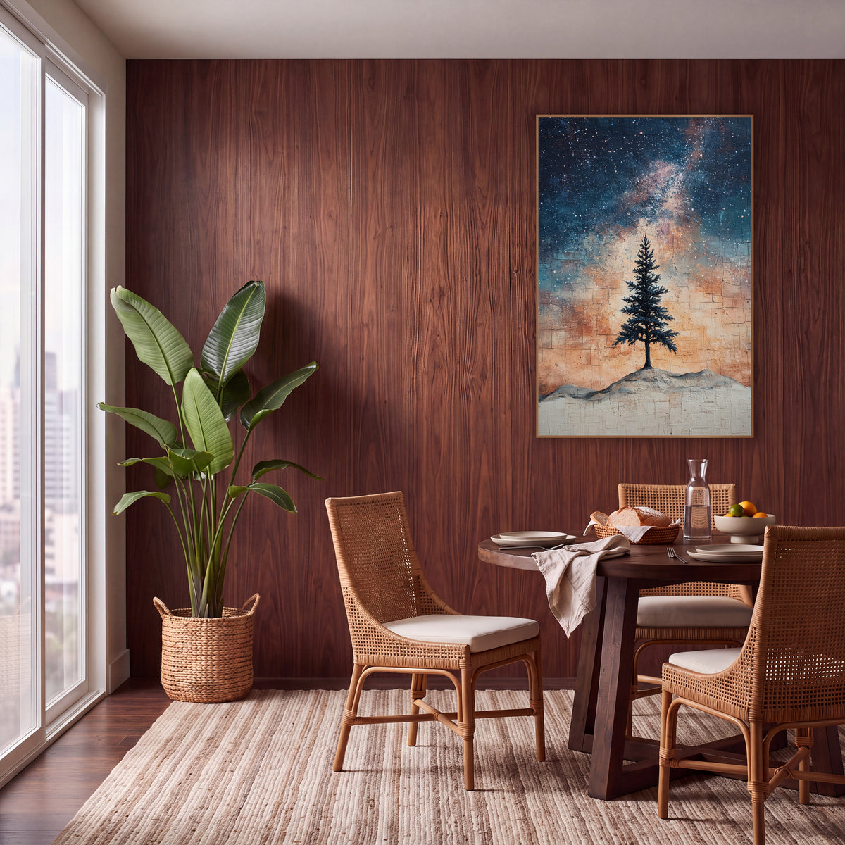 Lone Evergreen Starry Night Boho wall art in a warm boho-style room – lone dark evergreen on a pale hill