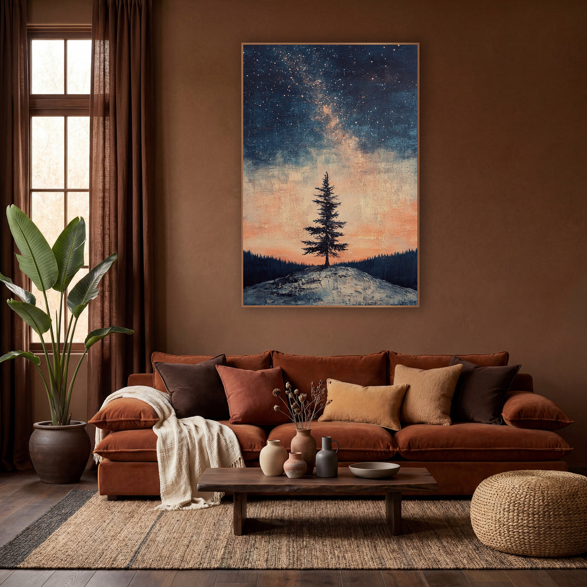 Lone Evergreen Starry Sky Boho wall art in a warm boho-style room – lone evergreen tree on a pale hilltop