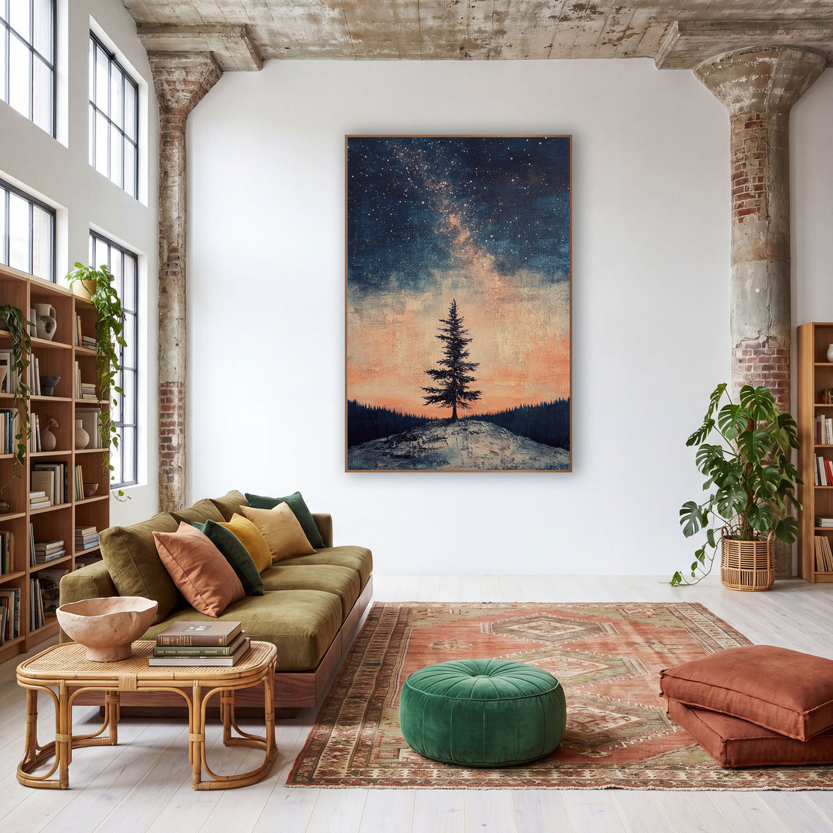 Lone Evergreen Starry Sky Boho wall art in a warm boho-style room – lone evergreen tree on a pale hilltop