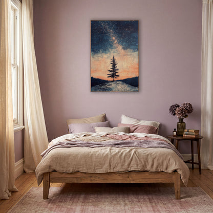 Lone Evergreen Starry Sky Boho wall art in a warm boho-style room – lone evergreen tree on a pale hilltop