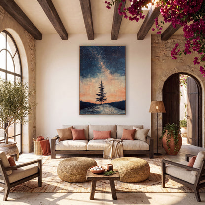 Lone Evergreen Starry Sky Boho wall art in a warm boho-style room – lone evergreen tree on a pale hilltop