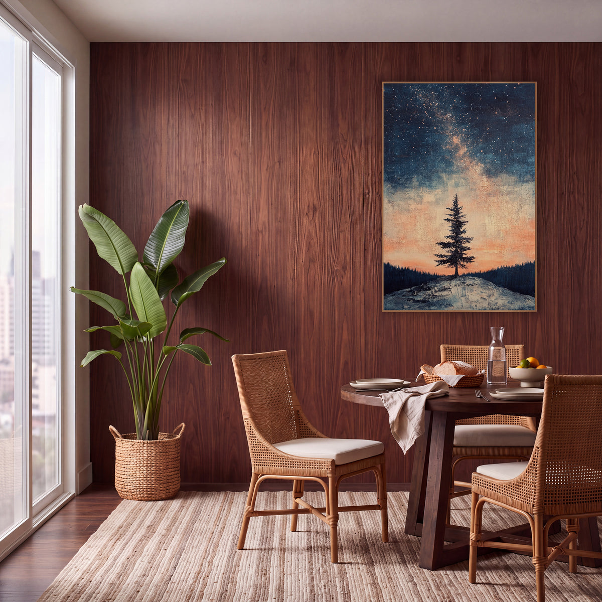 Lone Evergreen Starry Sky Boho wall art in a warm boho-style room – lone evergreen tree on a pale hilltop