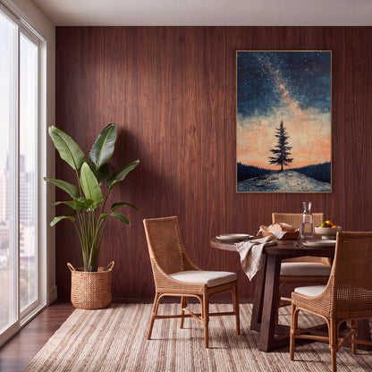 Lone Evergreen Starry Sky Boho wall art in a warm boho-style room – lone evergreen tree on a pale hilltop
