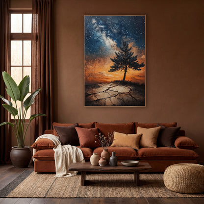 Lone Evergreen Cracked Earth Sunset Glow wall art in a warm boho-style room – lone evergreen tree on cracked ground