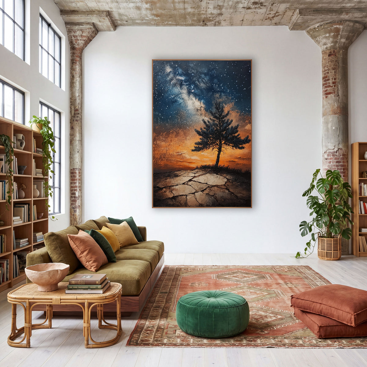 Lone Evergreen Cracked Earth Sunset Glow wall art in a warm boho-style room – lone evergreen tree on cracked ground