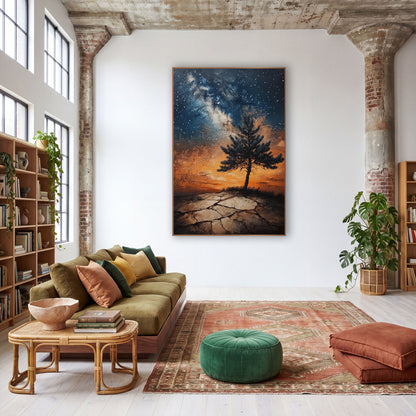 Lone Evergreen Cracked Earth Sunset Glow wall art in a warm boho-style room – lone evergreen tree on cracked ground