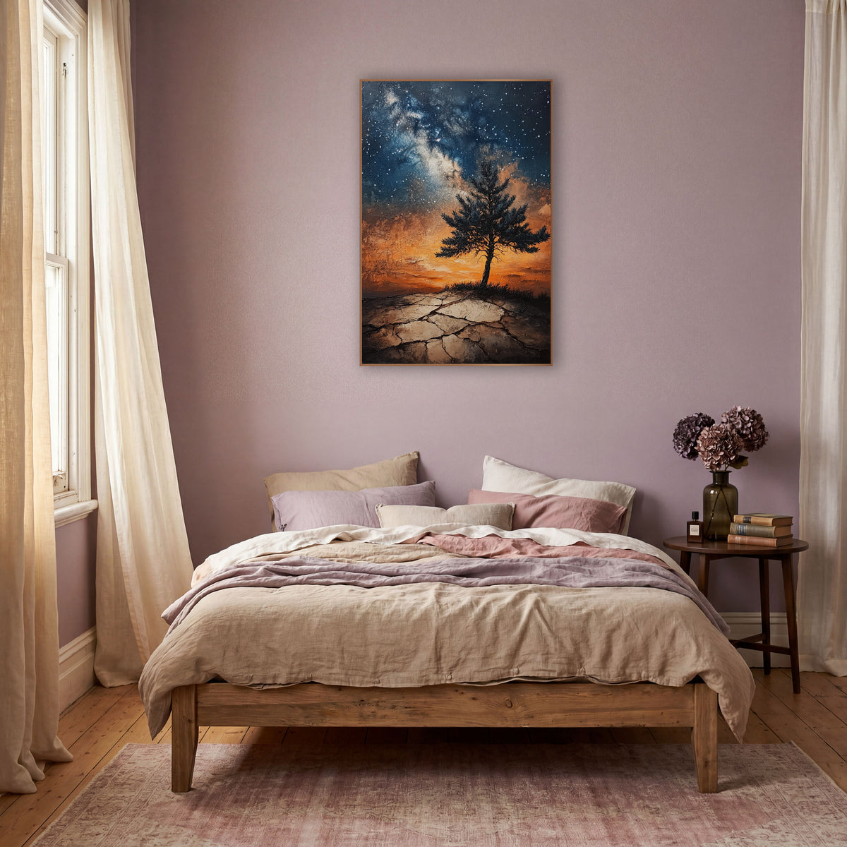 Lone Evergreen Cracked Earth Sunset Glow wall art in a warm boho-style room – lone evergreen tree on cracked ground