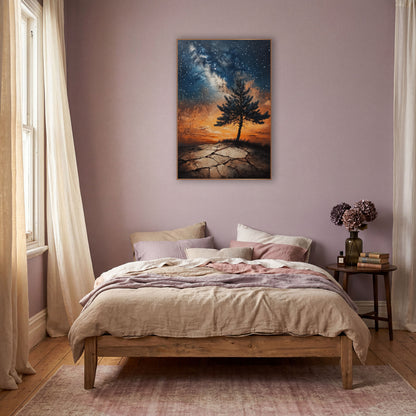 Lone Evergreen Cracked Earth Sunset Glow wall art in a warm boho-style room – lone evergreen tree on cracked ground