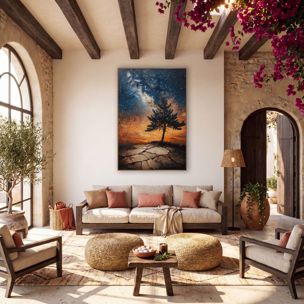 Lone Evergreen Cracked Earth Sunset Glow wall art in a warm boho-style room – lone evergreen tree on cracked ground