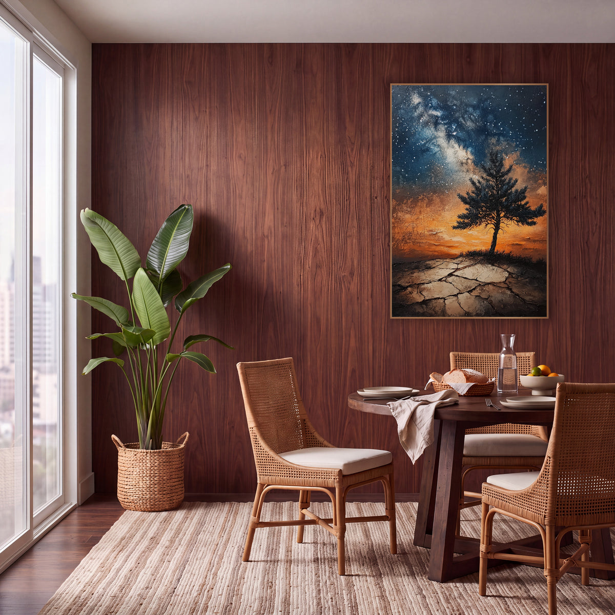 Lone Evergreen Cracked Earth Sunset Glow wall art in a warm boho-style room – lone evergreen tree on cracked ground