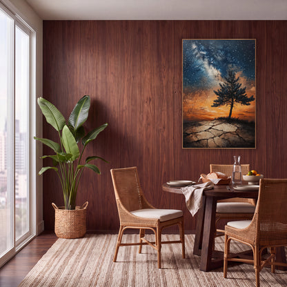 Lone Evergreen Cracked Earth Sunset Glow wall art in a warm boho-style room – lone evergreen tree on cracked ground
