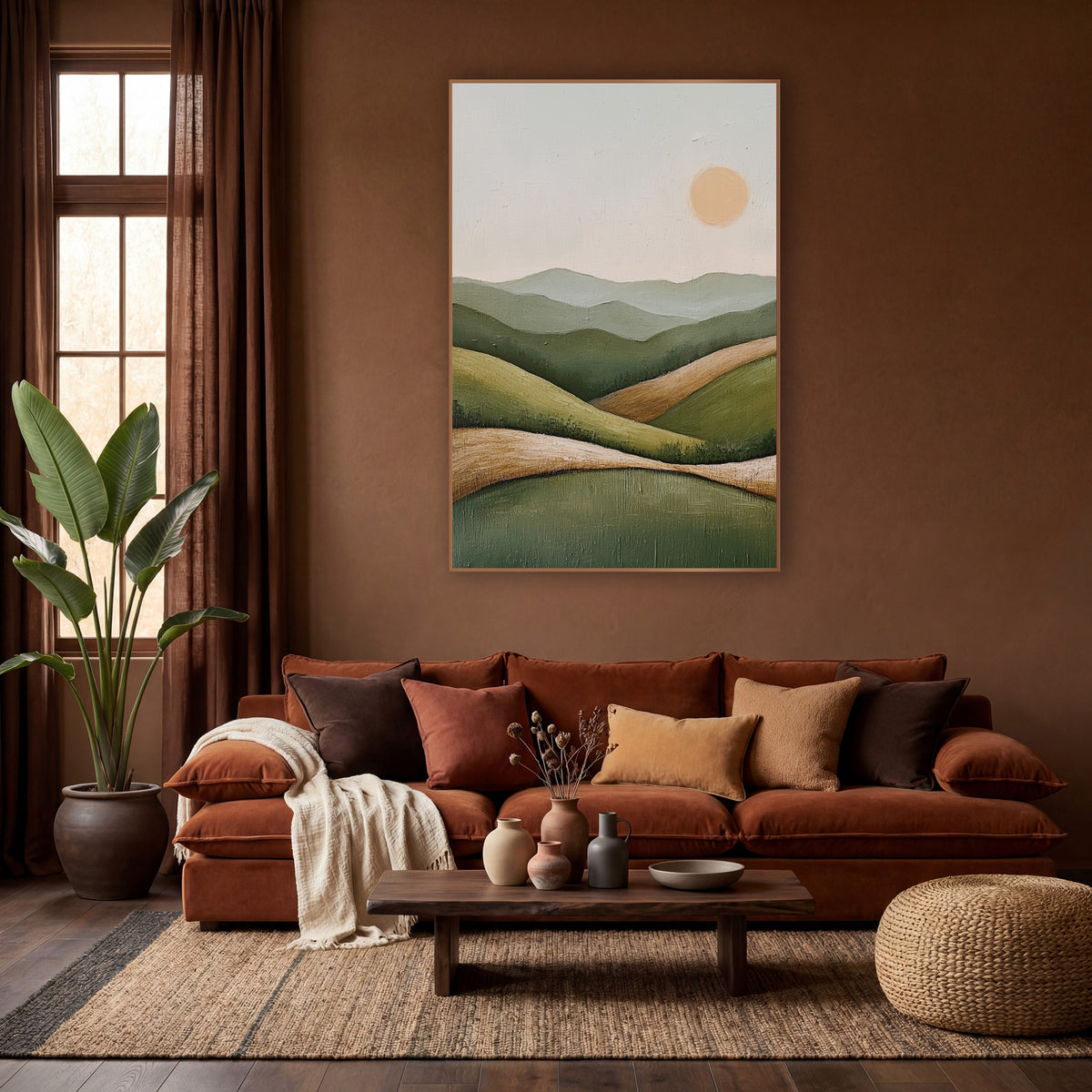 Sage Green Rolling Hills Boho wall art in a warm boho-style room – minimal boho landscape of layered sage green