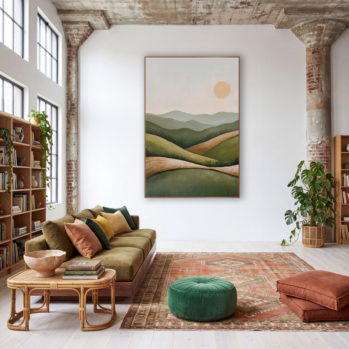 Sage Green Rolling Hills Boho wall art in a warm boho-style room – minimal boho landscape of layered sage green