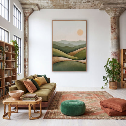 Sage Green Rolling Hills Boho wall art in a warm boho-style room – minimal boho landscape of layered sage green