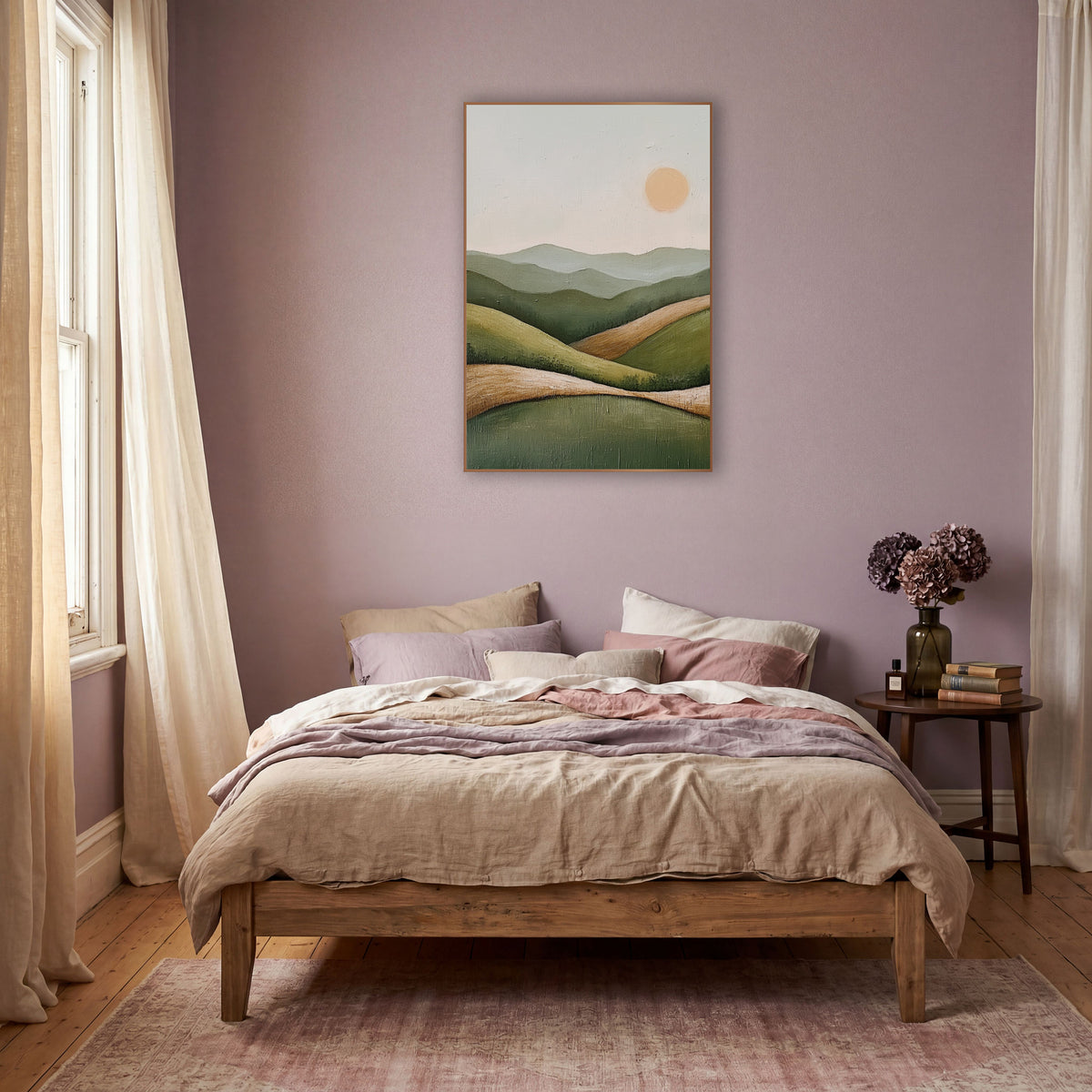 Sage Green Rolling Hills Boho wall art in a warm boho-style room – minimal boho landscape of layered sage green