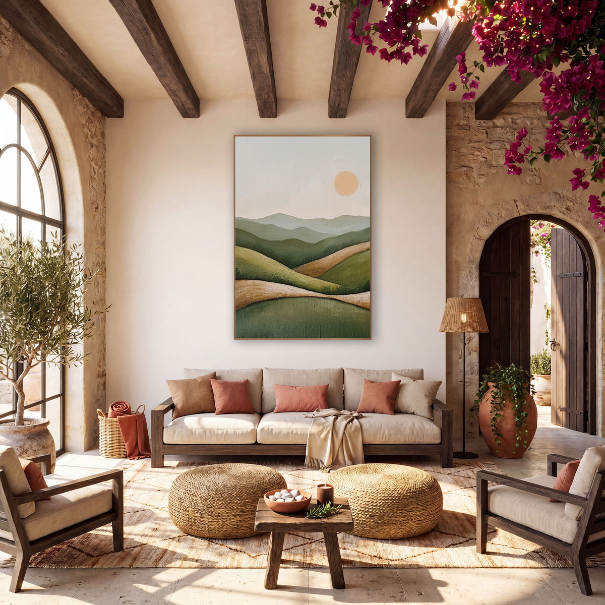 Sage Green Rolling Hills Boho wall art in a warm boho-style room – minimal boho landscape of layered sage green
