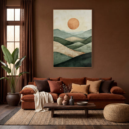 Sage Hills Terracotta Sun Boho wall art in a warm boho-style room – minimal boho landscape of layered sage green