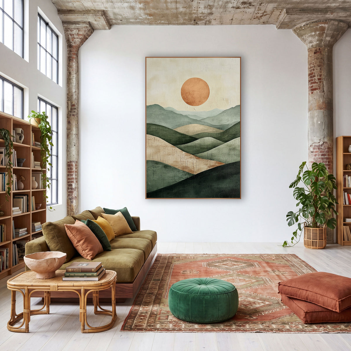 Sage Hills Terracotta Sun Boho wall art in a warm boho-style room – minimal boho landscape of layered sage green