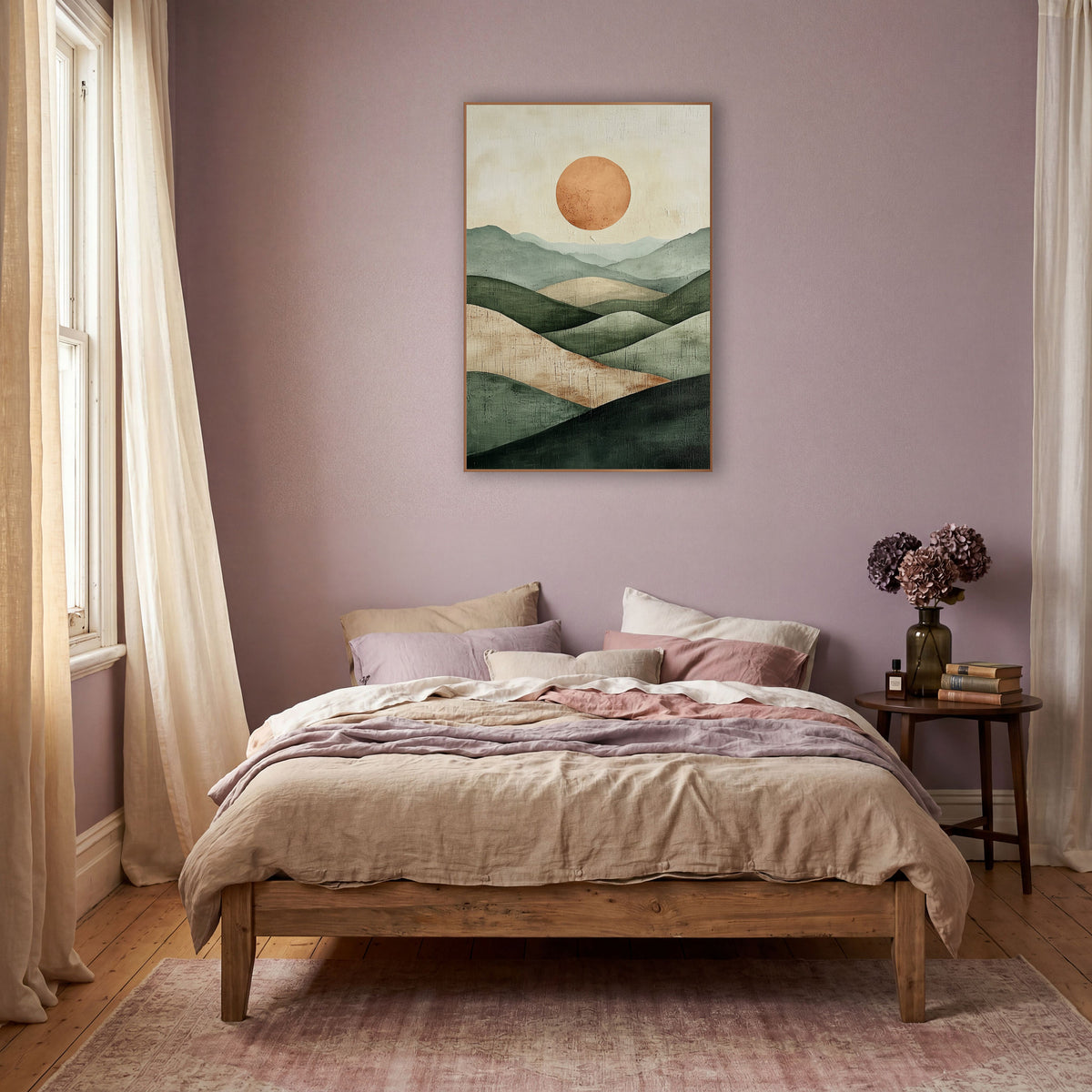 Sage Hills Terracotta Sun Boho wall art in a warm boho-style room – minimal boho landscape of layered sage green