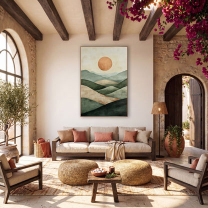 Sage Hills Terracotta Sun Boho wall art in a warm boho-style room – minimal boho landscape of layered sage green