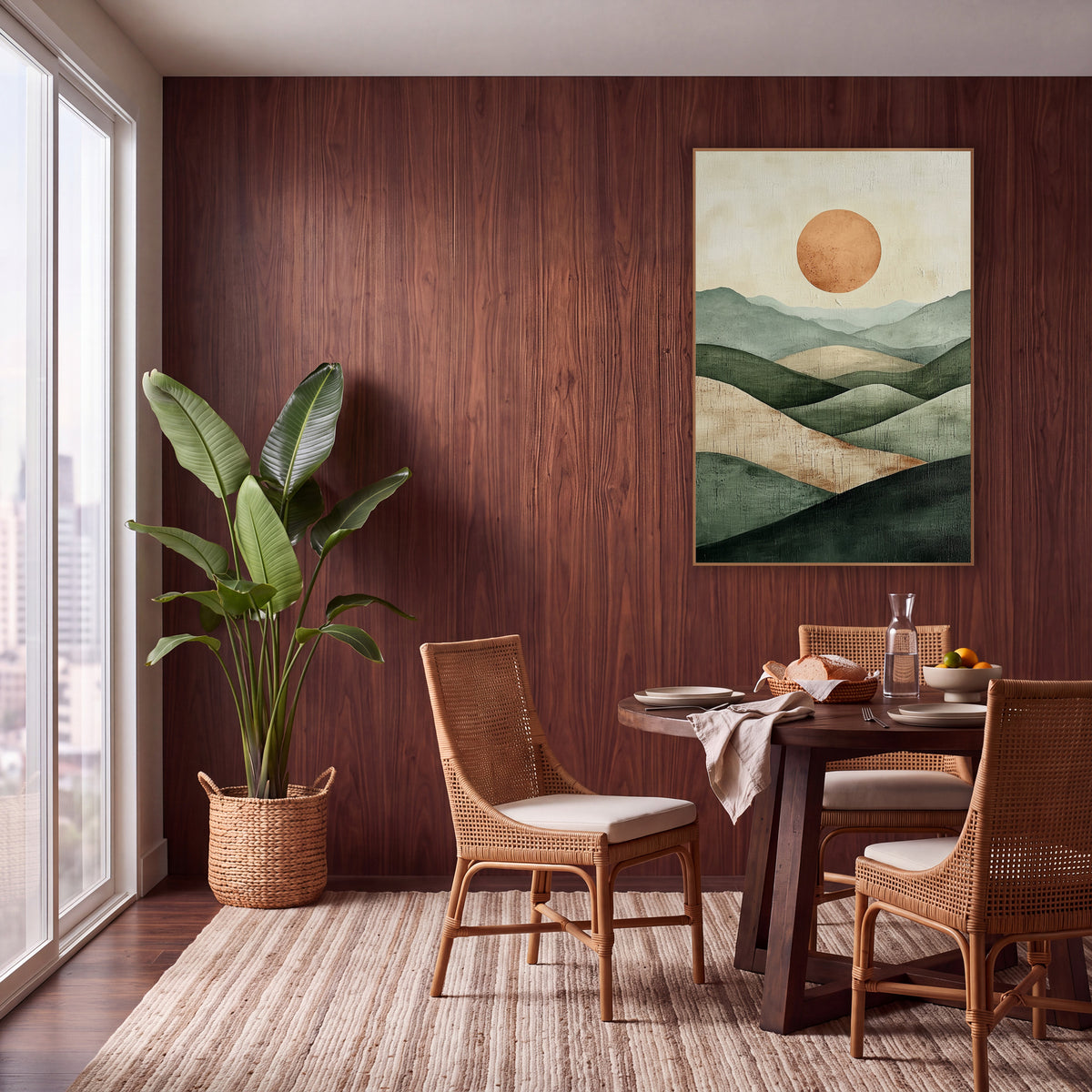 Sage Hills Terracotta Sun Boho wall art in a warm boho-style room – minimal boho landscape of layered sage green