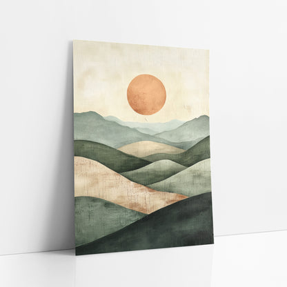 Sage Hills Terracotta Sun Boho art print leaning against a white wall – minimal boho landscape of layered sage green and tan