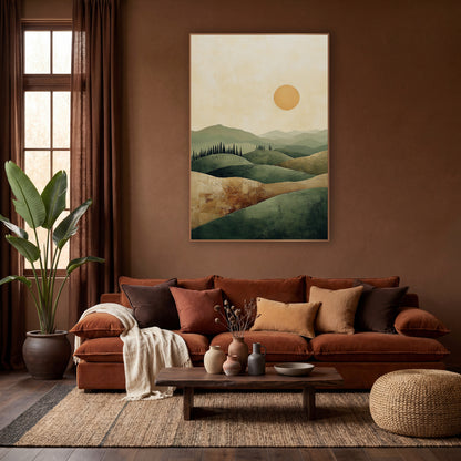 Sage Rolling Hills Boho Landscape wall art in a warm boho-style room – minimal boho landscape of layered sage green
