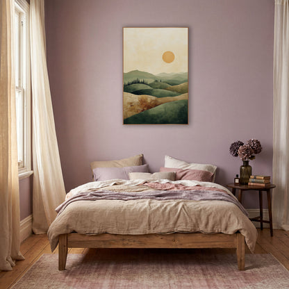 Sage Rolling Hills Boho Landscape wall art in a warm boho-style room – minimal boho landscape of layered sage green
