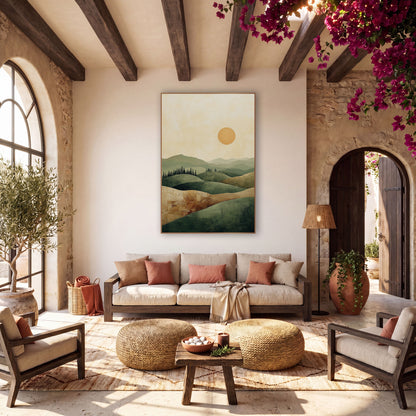 Sage Rolling Hills Boho Landscape wall art in a warm boho-style room – minimal boho landscape of layered sage green