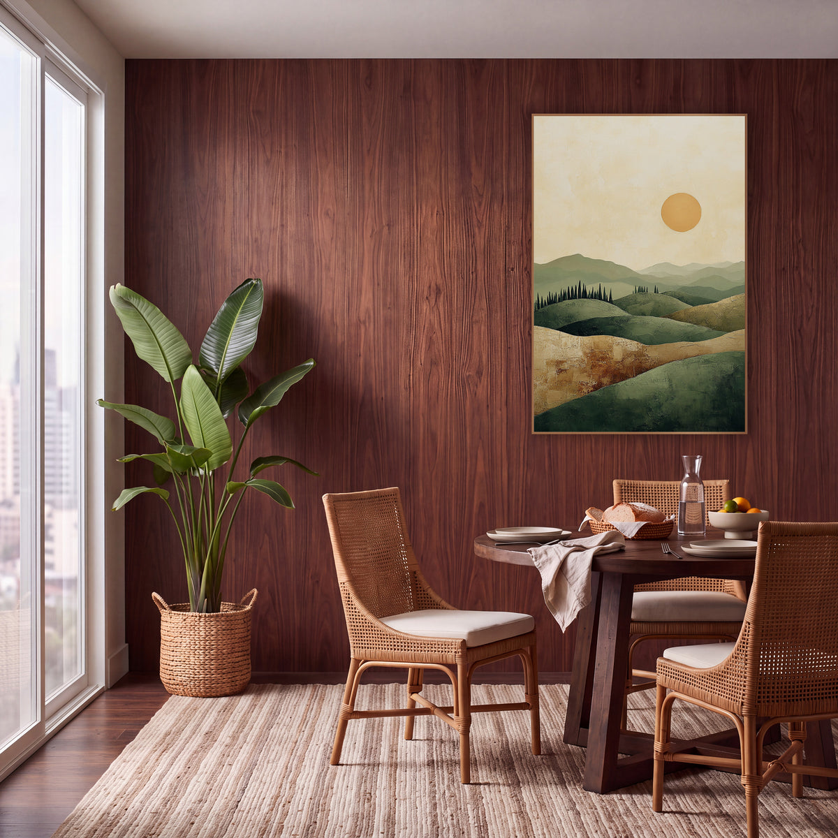 Sage Rolling Hills Boho Landscape wall art in a warm boho-style room – minimal boho landscape of layered sage green