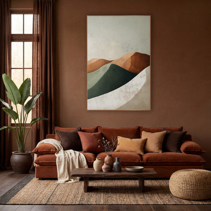 Sage Rust Dune Curves Boho wall art in a warm boho-style room – abstract rounded hills in terracotta, rust, sage
