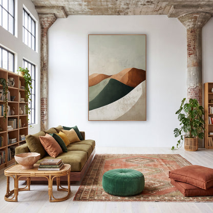 Sage Rust Dune Curves Boho wall art in a warm boho-style room – abstract rounded hills in terracotta, rust, sage