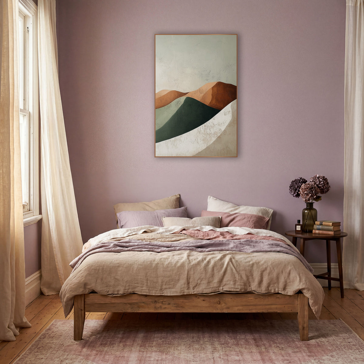 Sage Rust Dune Curves Boho wall art in a warm boho-style room – abstract rounded hills in terracotta, rust, sage