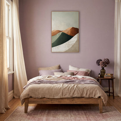Sage Rust Dune Curves Boho wall art in a warm boho-style room – abstract rounded hills in terracotta, rust, sage