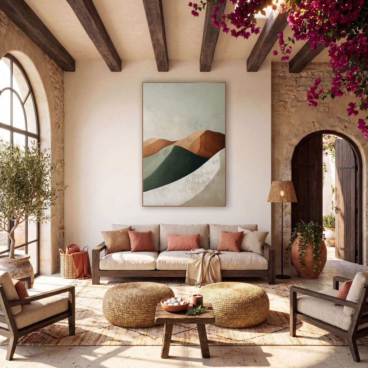 Sage Rust Dune Curves Boho wall art in a warm boho-style room – abstract rounded hills in terracotta, rust, sage