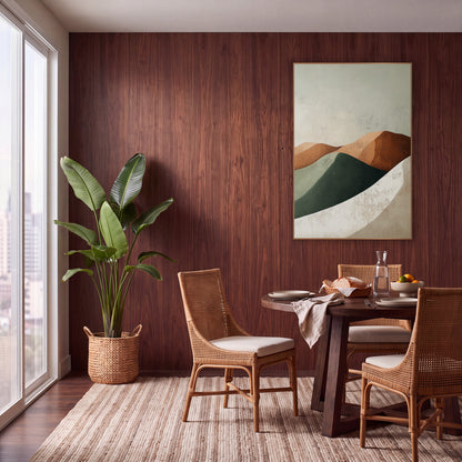 Sage Rust Dune Curves Boho wall art in a warm boho-style room – abstract rounded hills in terracotta, rust, sage