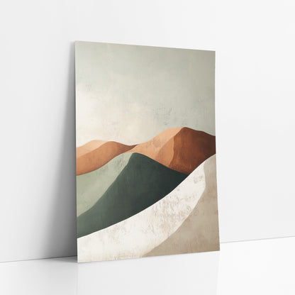 Sage Rust Dune Curves Boho art print leaning against a white wall – abstract rounded hills in terracotta, rust, sage and deep