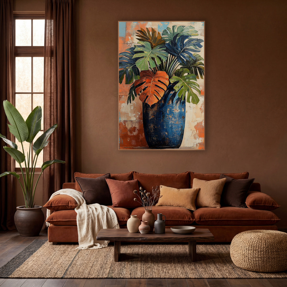 Rust Leaf Cobalt Amphora Monstera wall art in a warm boho-style room – monstera and palm leaves in green, navy