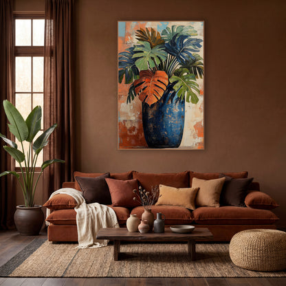 Rust Leaf Cobalt Amphora Monstera wall art in a warm boho-style room – monstera and palm leaves in green, navy