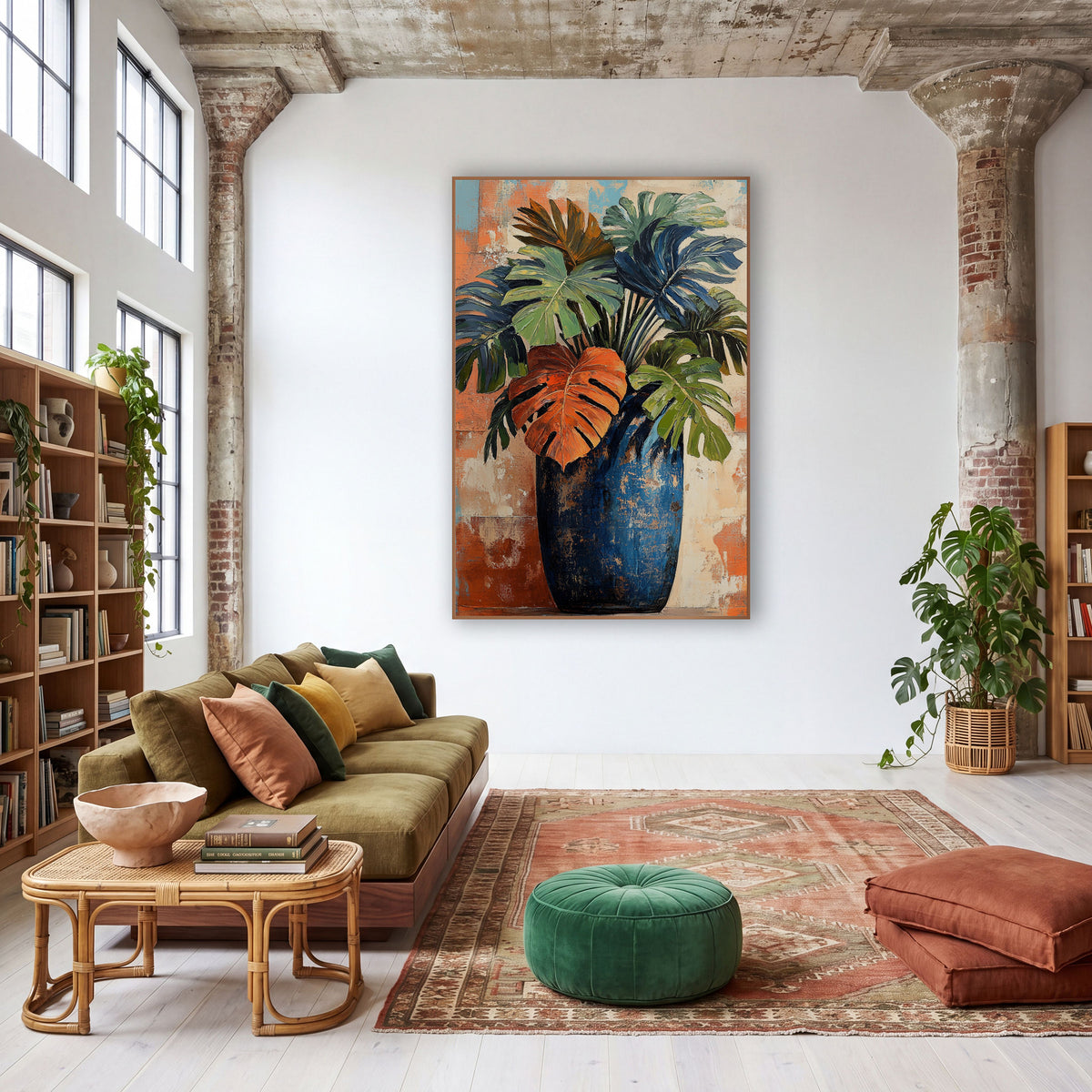 Rust Leaf Cobalt Amphora Monstera wall art in a warm boho-style room – monstera and palm leaves in green, navy