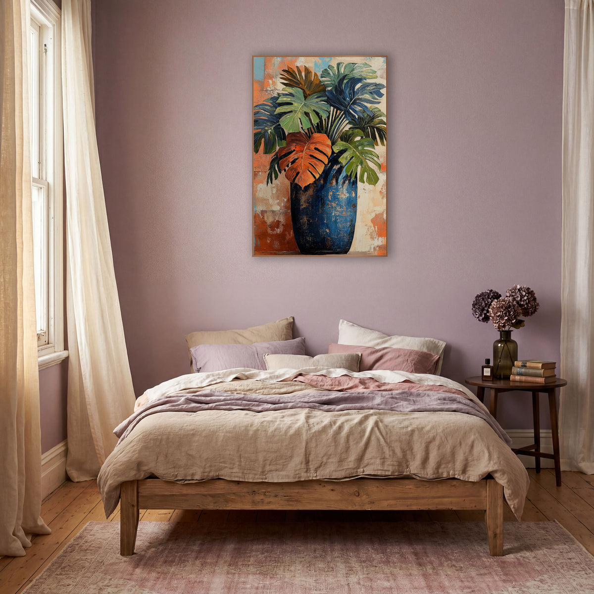 Rust Leaf Cobalt Amphora Monstera wall art in a warm boho-style room – monstera and palm leaves in green, navy