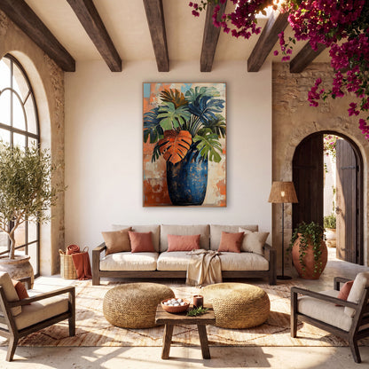 Rust Leaf Cobalt Amphora Monstera wall art in a warm boho-style room – monstera and palm leaves in green, navy