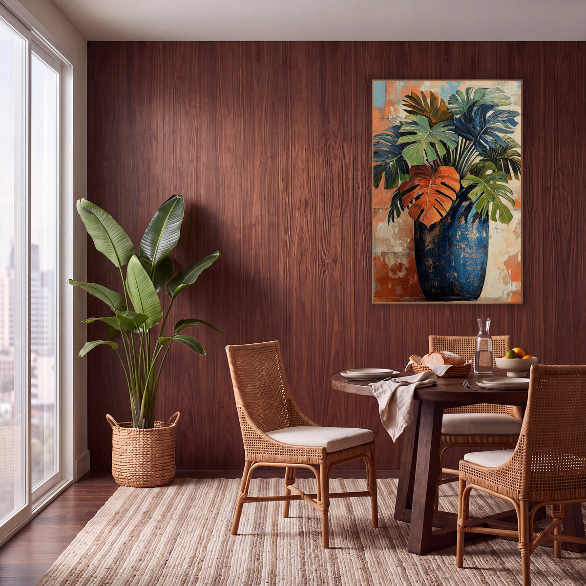 Rust Leaf Cobalt Amphora Monstera wall art in a warm boho-style room – monstera and palm leaves in green, navy