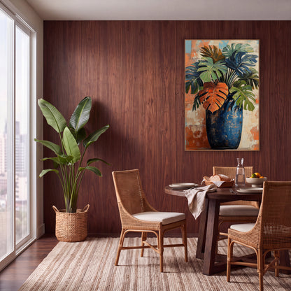 Rust Leaf Cobalt Amphora Monstera wall art in a warm boho-style room – monstera and palm leaves in green, navy
