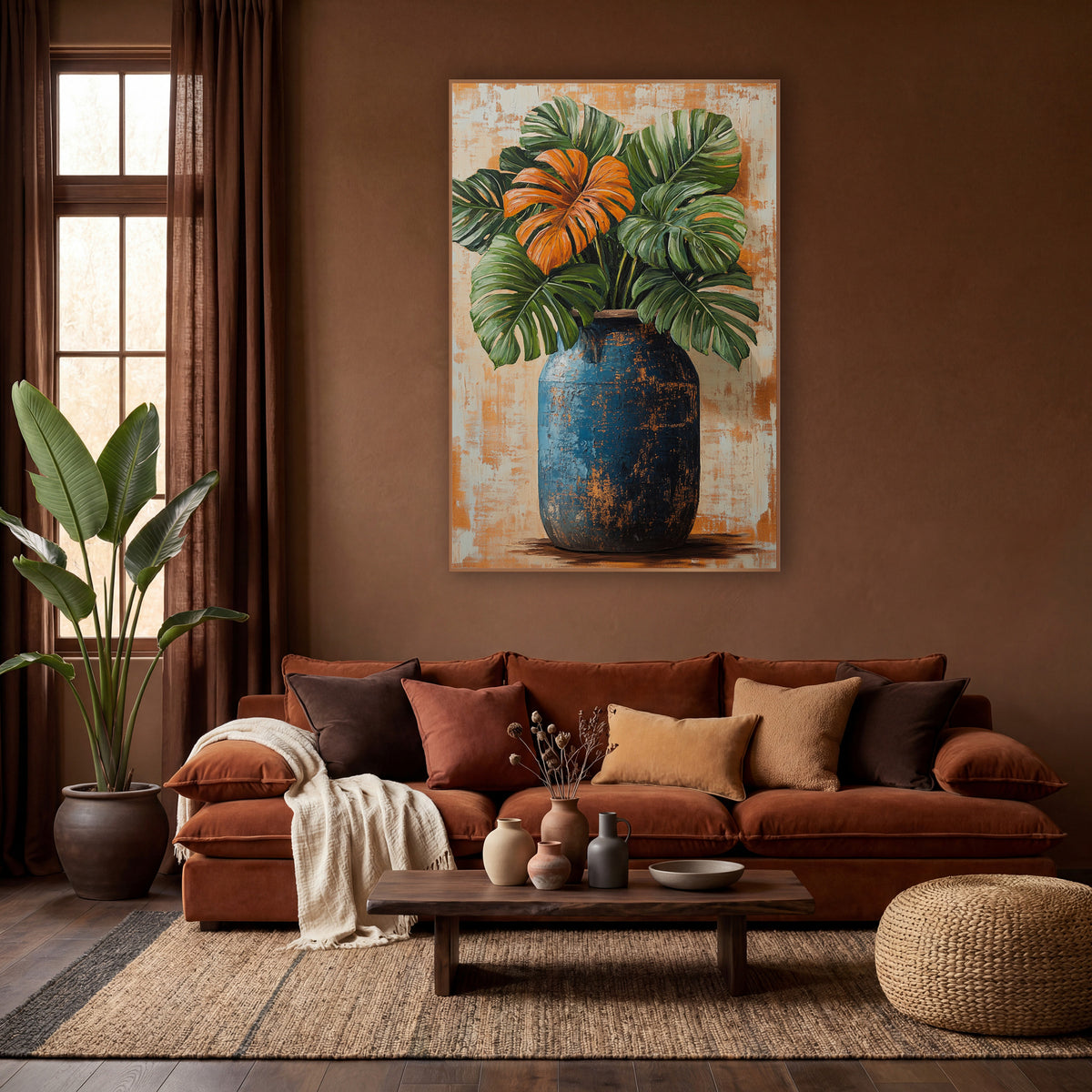 Orange Monstera Rustic Barrel Vase wall art in a warm boho-style room – green monstera leaves and one orange leaf
