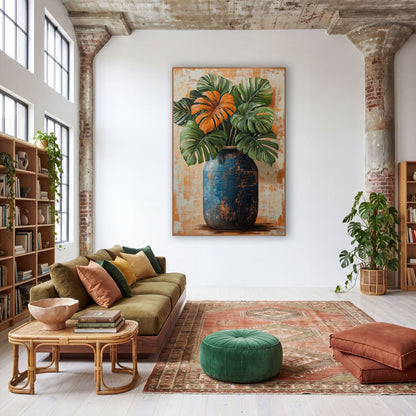 Orange Monstera Rustic Barrel Vase wall art in a warm boho-style room – green monstera leaves and one orange leaf
